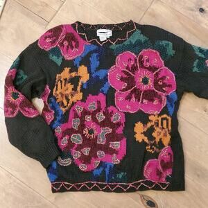 Vintage Hand Knit Jennifer Reed Floral Patchwork Sweater sz S Cottagecore (Flaw)